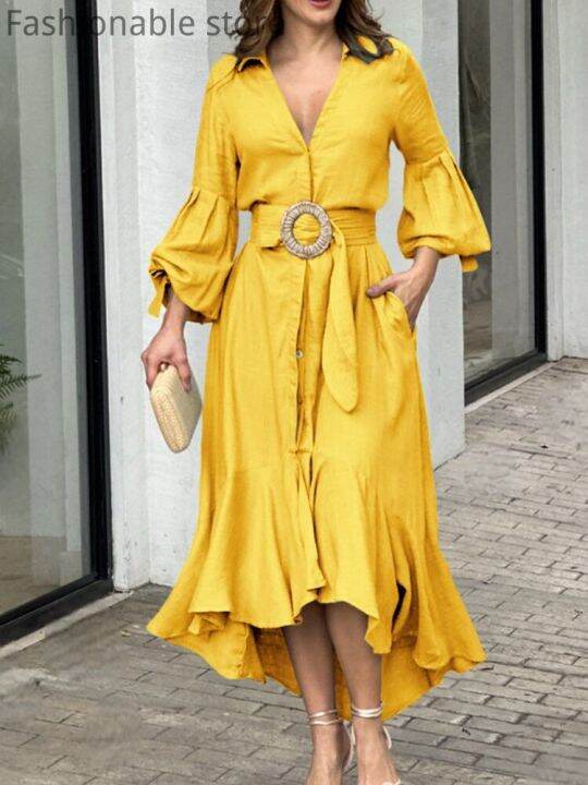 women-elegant-solid-color-lantern-sleeve-ruffle-hem-pocket-design-belt-maxi-dress-without-lining