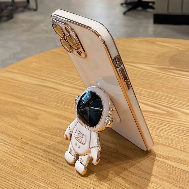 Compatible with Xiaomi 14 Case with Plating Creative Astronaut Cartoon  Holder Pink, Xiaomi 14 Phone Case Silicone Shockproof Stand Soft TPU  Protective