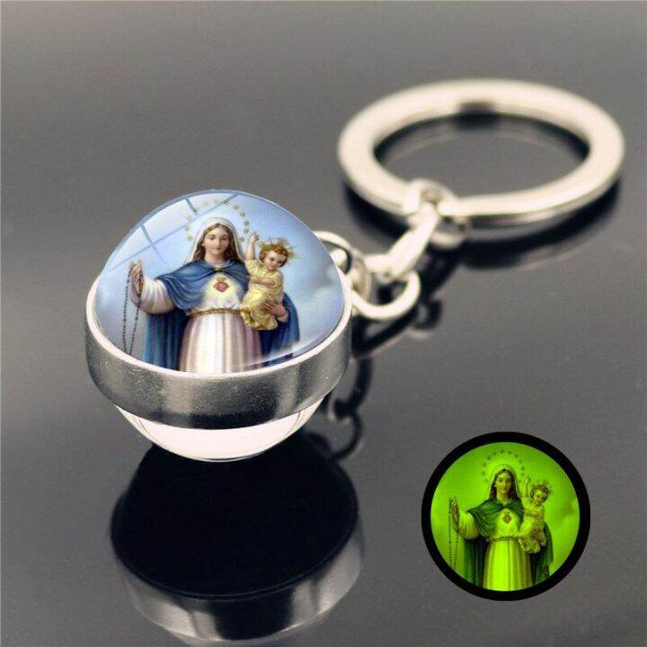 virgin-mary-luminous-keychain-pendant-double-sided-glass-ball-keychain-metal-keyring-luxury-brand-keychain-key-chains