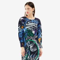 2023 Hot Miyake style pleated dress for women spring and autumn style high-end fashion loose bat sleeves graffiti print slimming long skirt