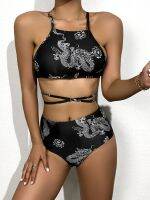 hotx 【cw】 bikini digital printed black dragon high waist strap slim swimsuit