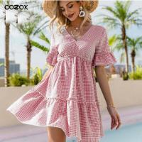 COZOK Pleated Evening Party Dress Gown V-NECK y Plaid Female Dressing Casual Summer New Satin Dresses Backless Vestiods