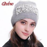 Womens Beanie Hats With Applique Winter Knitted Cashmere Pearl Slouchy Beanies Skullies Hats Gorros Mujer Invierno