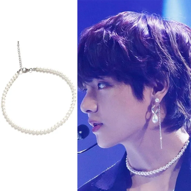 SHIDOMI KPOP BTS Kim Taehyung Pearl Beads Choker Necklace Men