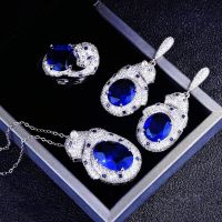 【lz】◘♦❆  2023 Trendy Sterling 925 Silver Shine Zircon Royal Sapphire Emerald Leopard Head Jewelry Sets Mulheres Personalidade Cocktail Jewelry