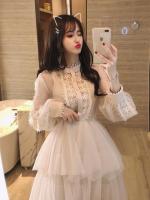 Brand New Stand Collar Long Sleeve Lace Dress Transparent High Waist Layered Cake Dress Sweet Midi Dress Vestidos