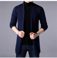 Men Long Style Wool Sweater X-Long Knit Sweater Jackets Solid Color Sweatercoat Mens Knit Cardigan