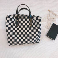 Women Checker Plaid Corduroy Vegan Leather Handle Tote Bag Teenager High Quality Fabric Grocery School Book Big Zipper Handbag