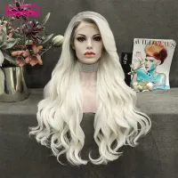 Imstyle White Blonde Wig Long Synthetic Lace Front Wig Dark Root Natural Wavy Heat Resistant Fiber Cosplay Wigs For Women Wig  Hair Extensions Pads