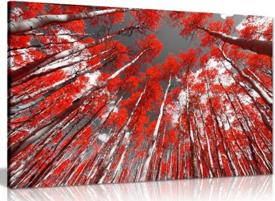 ต้นไม้สีแดงบนภาพพิมพ์ศิลปะบนผืนผ้าใบสำหรับติดกำแพงสีดำและพื้นหลังสีขาว
