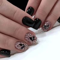 Press on Nails Black Butterfly French Fake Nails Rhinestone False Nail Patch Short Ballet Full Cover Artificial Art Nail Tip fenguhan