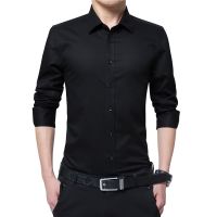 【Hot Sale】embellishembellishเสื้อเชิ้ตผู้ชายแฟชั่นแขนยาวเสื้อสังคมธุรกิจชายปกสีทึบขนาดบวกเสื้อทำงานสีดำ