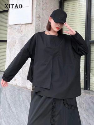XITAO Shirt Irregular Folds Women Top O-neck Shirt