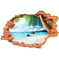 【cw】 beach mural 3d broken wall vinyl stickers home decoration sea view poster wallpaper 90x60cm ！