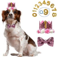 Happy Birthday Party Dogs Hats Decor Cap Glitter Hat Princess Crown Hats For Pets Dogs Cats Hairband Bow Collar Dog Decor Set