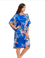 High Quality Chinese Women Silk Home Dress Robe Summer Lounge Nightshirt Short Sleeve Sleepwear Nightgown Plus Size 6XL A-073