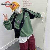 KYUSHUAD เสื้อกีฬาคอกลมหลวมสำหรับผู้ชายและผู้หญิงเย็บปะติดอเมริกาแบบย้อนยุคใหม่เสื้อสตรี