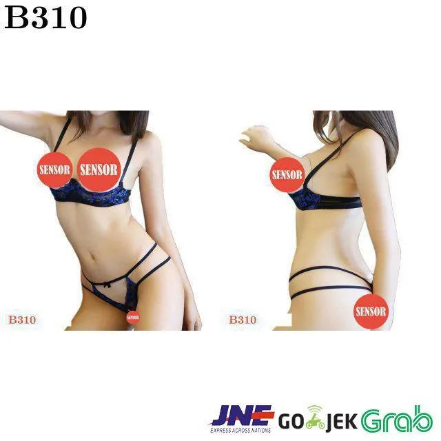 B310 Bikini Bra Set Hitam Transparan Bordir Bunga Biru Bra Kawat Open Cup Crotchless 3750