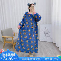 top●Plus Size Nightdress Womens Winter Fleece-Lined Thickened Flannel Dress Loose 200 Jin Fat mm Coral Velvet Pajamas Autumn and Winter