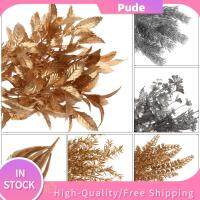 PUDE กล่องของขวัญเครื่องประดับ DIY 1ชิ้นตกแต่งของตกแต่งวันคริสต์มาสตกแต่งบ้านจำลองของชำร่วยแต่งงานใบไม้สีทองเงินต้นไม้ประดิษฐ์พืชเทียม