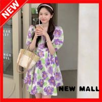 NEW MALL French R Big Flower Square Neck High Waist Puff Sleeve Dress Women