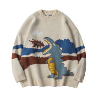 Cartoon Dinosaur Pattern Knitted Jumpers Mens Oversize Baggy Sweater Cute Crewneck Pullover Winter Warm Cozy Sweaters Harajuku