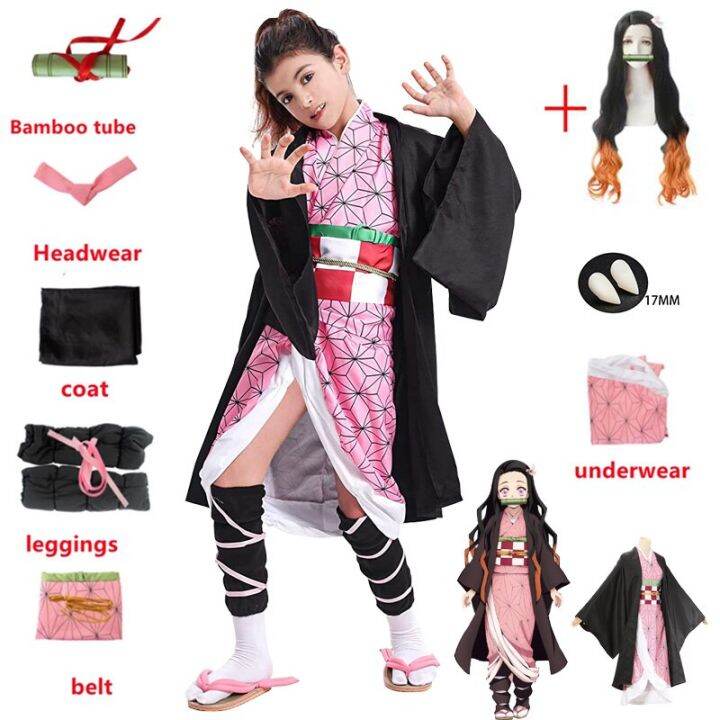 Anime Kamado Nezuko Cosplay Costume Demon Slayer Cosplay Uniform Clothes Kimono Wig Props Set 0599