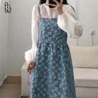 Sweet Floral Dress Sets Women Long Lantern Sleeve White Undershirts Gentle Strap Embroidery Mid-Calf Dresses Ulzzang Cute Dress