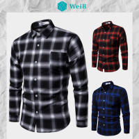 WeiB เสื้อเชิ้ตผู้ชายแขนยาวลายสก๊อตสไตล์เกาหลีที่เรียบง่ายและทันสมัย