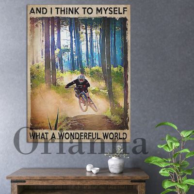 Wonderful World Mountain Biker โปสเตอร์ผ้าใบ Retro MTB Wall Decor Print
