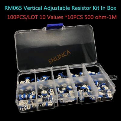 ☒✟ 100PCS/LOT 10 Values x10PCS RM065 Vertical Adjustable Resistor Kit In Box 500 ohm-1M ohm Multiturn Trimmer Potentiometer Set