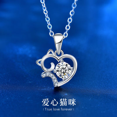 Cute Cat 925 Sterling Silver Necklace Summer Niche Moissanite Clavicle Pendant Ornament Birthday Gift For Girlfriend