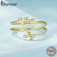 Bamoer 925 Sterling Silver Leaves Adjustable Ring Trendy Multilayer Leaf Open Ring for Women Fashion Jewelry Gift 2 Colors