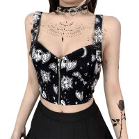 Sexy Gothic Style Camis Top Women Strap Tank Top Print Back Exposed Navel Tube Top Summer Ladies Zipper Camisole Tank Top