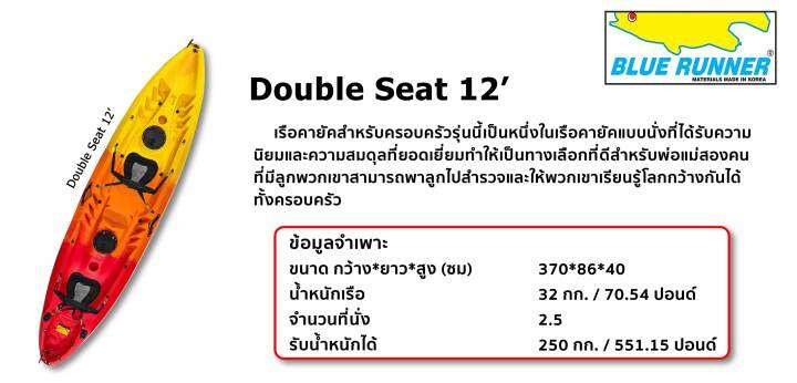 ส่งฟรี-blue-runner-เรือคายัค-kayak-double-seat-12-ฟุต-2ที่นั่ง-รับน้ำหนักได้-250กก-ฟรีเสื้อชูชีพ-และไม้พาย