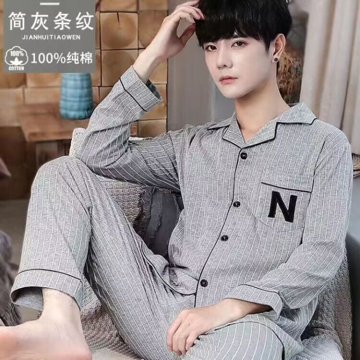 muji-high-quality-100-cotton-pajamas-mens-spring-and-autumn-long-sleeved-cotton-large-size-fat-guy-home-service-mens-cardigan-suit