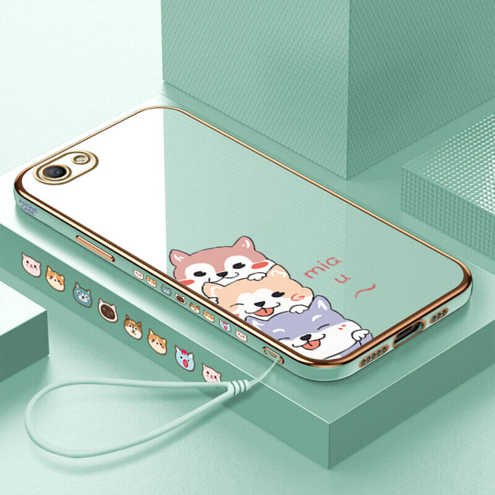 serpens-สำหรับ-oppo-a59-f1s-ฟรีสายคล้องการ์ตูนน่ารักสุนัขรูปแบบขอบสี่เหลี่ยมชุบเคสโทรศัพท์ชุบหรูหราชุบเคสโทรศัพท์นุ่ม