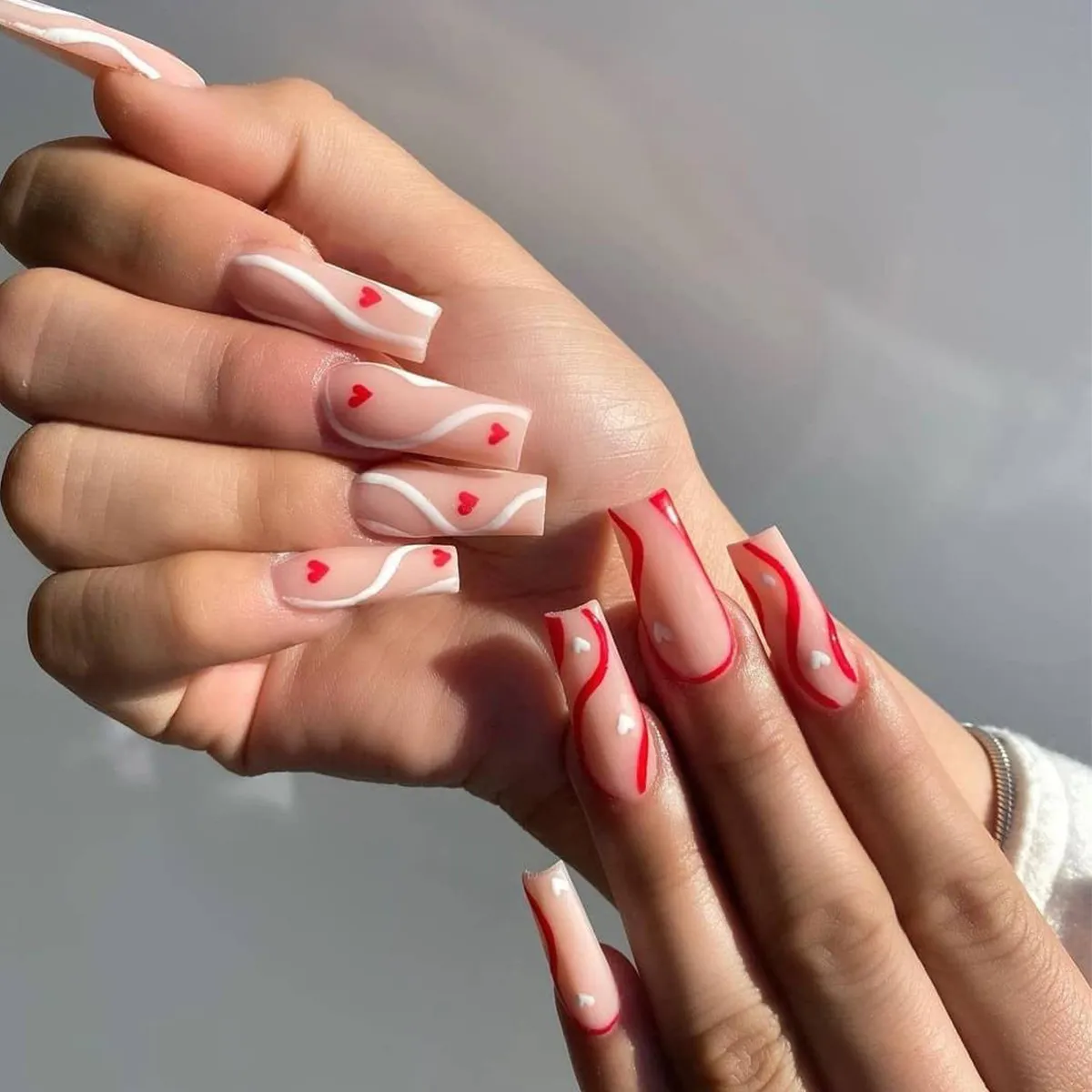 24Pcs Fake Nails Cute Heart Extra Long Red White Line Pattern Artificial  Ballerina Full Nail Art Tips Faux Ongles With Glue | Lazada Ph