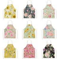 Flowers Print Cotton Linen Apron Kitchen Women Baking Waist Bib Home Cooking Brief Sleeveless Pinafore