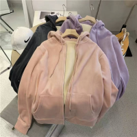 Pure Color Thickening Hoodies Women Plus Velvet Sweatshirt Women Autumn Winter All-match Zip Up Hoodie Winter Clothes Women Tops