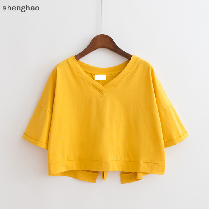 shenghao-เสื้อยืดผู้หญิงเปลือยหลังผ่าสีพื้นเสื้อครอปทรงหลวมแขนสั้นคอวี