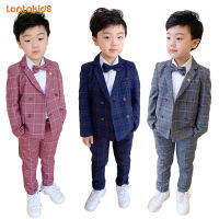 lontakids 2-9ปีเด็กชายลายสก๊อตชุดสูท (แจ็คเก็ต + กางเกง + Bowtie) เด็กงานแต่งงานวันเกิด Dresswear เครื่องแต่งกายอย่างเป็นทางการสำหรับเด็กเสื้อผ้าพอดีตัว