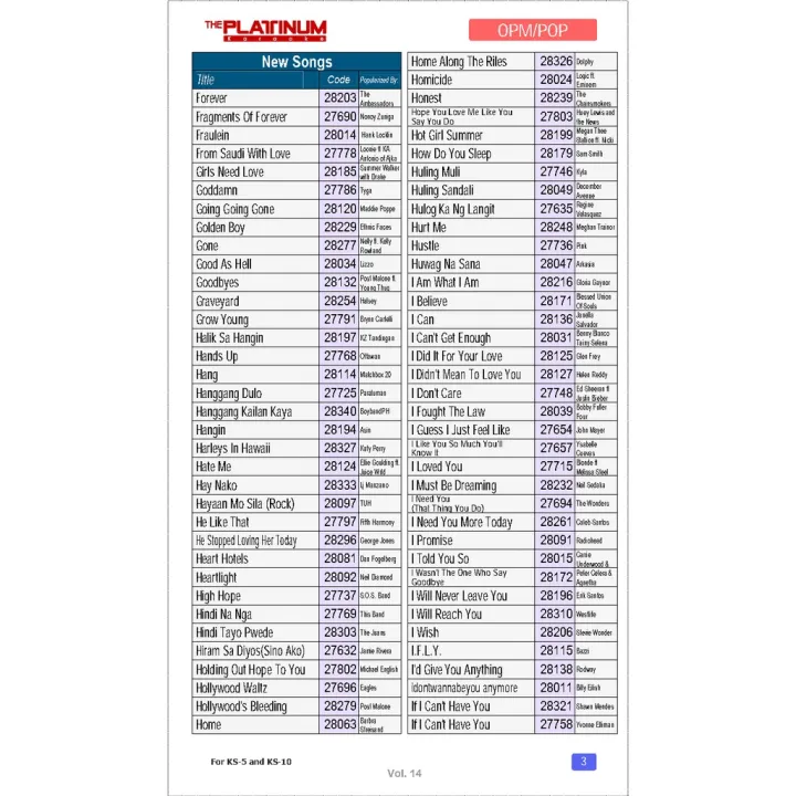 Volume 14 Songlist of Platinum KS-5 and KS-10 (12 Pages) durable ...