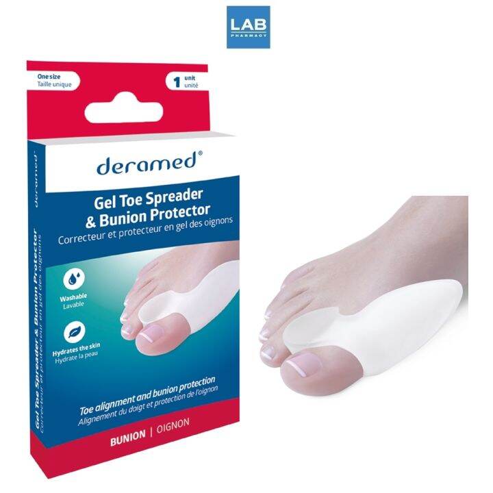 deramed-footcare-gel-toe-spreader-amp-bunion-protector-1pcs-box-เดอราเมด-ปลอกเจลสำหรับนิ้วหัวแม่เท้าเอียงแบบมีส่วนแยกนิ้วเท้า-นุ่ม-ยืดหยุ่นขณะสวมใส่-ไม่อึดอัด-1-ชิ้น-กล่อง