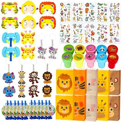 JOLLYBOOM 62Pcs Jungle Safari Party Favors For Kids, Safari Theme Birthday Party Supplies With Safari Animals Foam Masks, Blowing Dragon, Animal Keychains, Goodie Bags, Jungle Theme Party Decorations