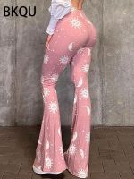 กางเกงขาบาน BKQU-Calça Flare ลำลอง Feminina Moda Streetwear Rosa Cintura Alta Doce Calças Elás Estampadas De Fundo Por Atacado A Vendente Kawaii 2023