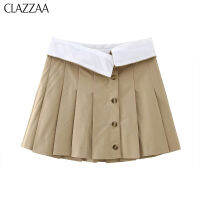 CLAZZAA ชุด ROK Mini อัดพลีทปะแฟชั่นสำหรับผู้หญิงสีกากีกระโปรงสั้นลำลองผู้หญิงเก๋ไก๋เอวสูงสำหรับหญิง