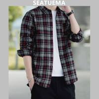 SEATUEMA เสื้อผู้ชายเกาหลีรุ่นเทรนด์ลายสก๊อตพิมพ์ลายใหม่หลวมหล่อชายหนุ่มเสื้อแจ็คเก็ตด้านบน