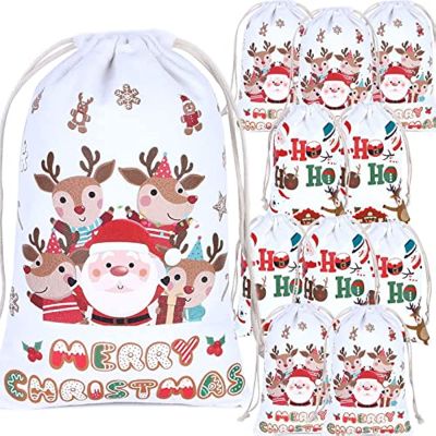 JOLLYBOOM ถุงของขวัญคริสต์มาส12ชิ้น,Santa Goody Sacks Christmas Drawstring Gift Bags Reusable, Favor Goodie Cotton Bag, Xmas Gift Bags Multipack For Chocolate Candy Small Toys (8 * 5)