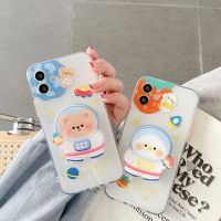 ﹉☢♞ Cute Cartoon Space Duck Bear Stand Phone Case For iPhone 12 Pro Max Mini 11 X XR XS MAX 8 7 Plus SE 2020 TPU Soft Protect Cover